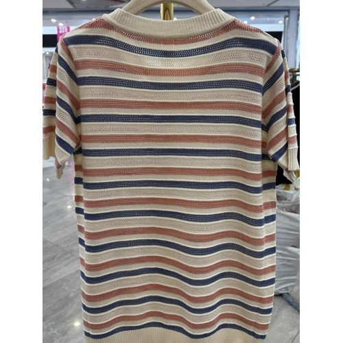 冰絲條紋針織衫女夏裝打底衫2025年新款寬松顯瘦鏤空透氣短袖上衣