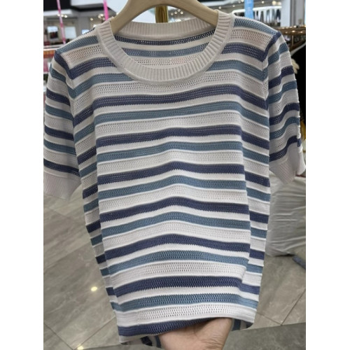 冰絲條紋針織衫女夏裝打底衫2025年新款寬松顯瘦鏤空透氣短袖上衣