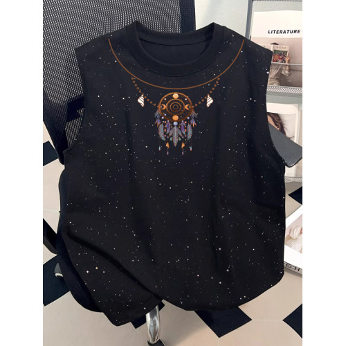 日系滿天星黑復古印花純棉背心男女2025新款潮流美式無袖寬松T恤