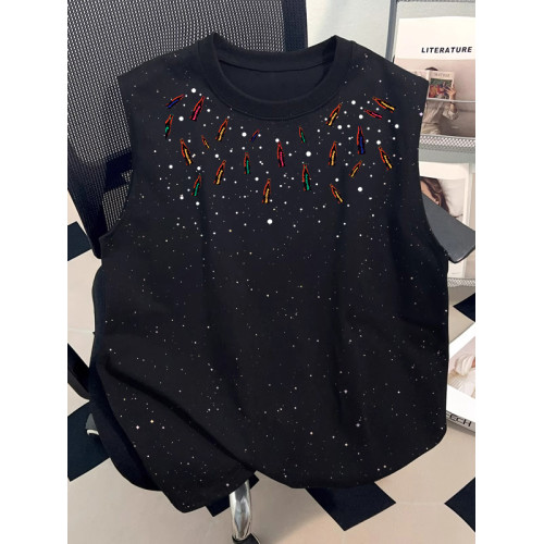 日系滿天星黑復古印花純棉背心男女2025新款潮流美式無袖寬松T恤