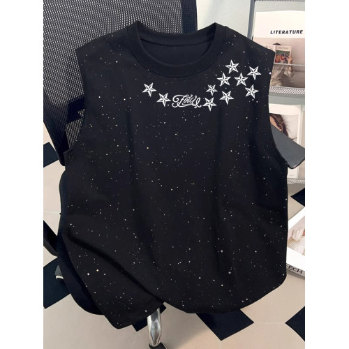 日系滿天星黑復古印花純棉背心男女2025新款潮流美式無袖寬松T恤