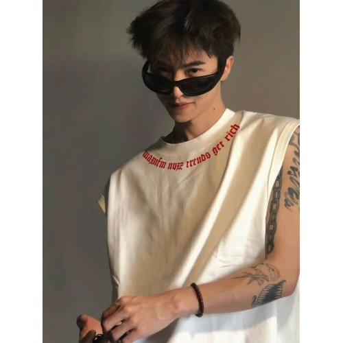 美式復古字母印花無袖T恤男款夏季坎肩寬松背心運動外穿圓領上衣