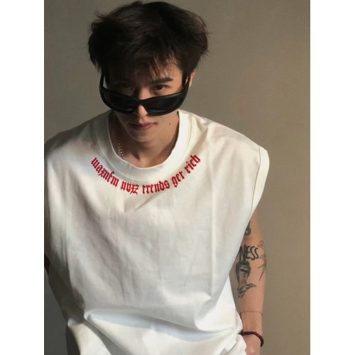 美式復古字母印花無袖T恤男款夏季坎肩寬松背心運動外穿圓領上衣