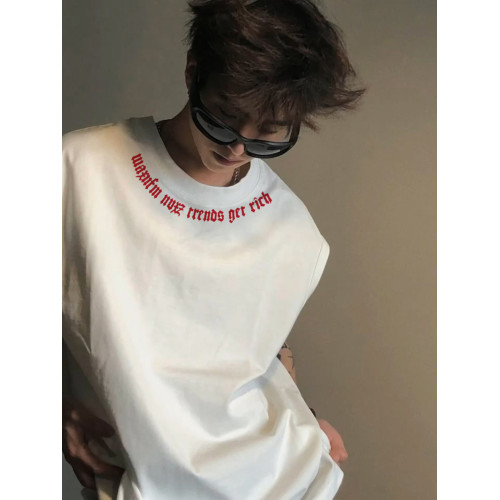 美式復古字母印花無袖T恤男款夏季坎肩寬松背心運動外穿圓領上衣