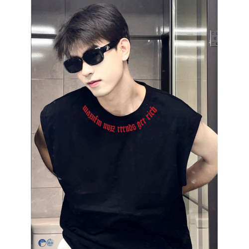 美式復古字母印花無袖T恤男款夏季坎肩寬松背心運動外穿圓領上衣