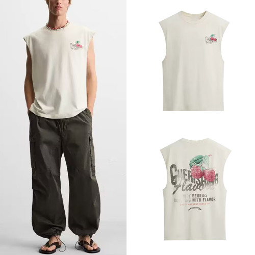 櫃219！2025年夏季新款男裝寬松水洗撞色印花背心式T恤6224896