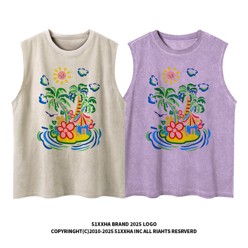 51嘻哈美式高街椰樹印花無袖T恤男夏季寬松oversize運動坎肩背心