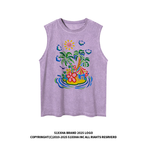 51嘻哈美式高街椰樹印花無袖T恤男夏季寬松oversize運動坎肩背心