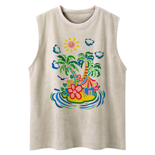 51嘻哈美式高街椰樹印花無袖T恤男夏季寬松oversize運動坎肩背心