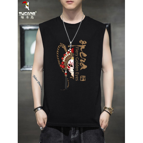 啄木鳥風印花坎肩背心男士夏季薄款透氣寬松T恤運動健身無袖