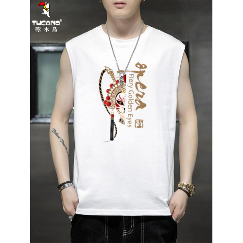 啄木鳥風印花坎肩背心男士夏季薄款透氣寬松T恤運動健身無袖