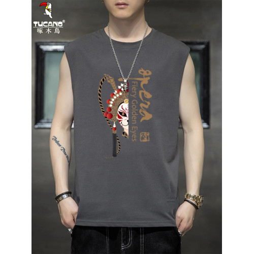 啄木鳥風印花坎肩背心男士夏季薄款透氣寬松T恤運動健身無袖