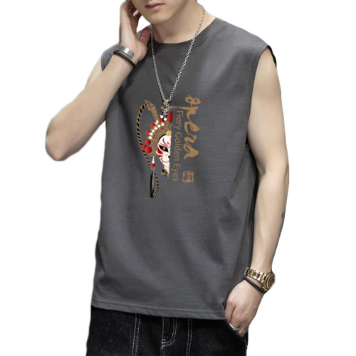 啄木鳥風印花坎肩背心男士夏季薄款透氣寬松T恤運動健身無袖