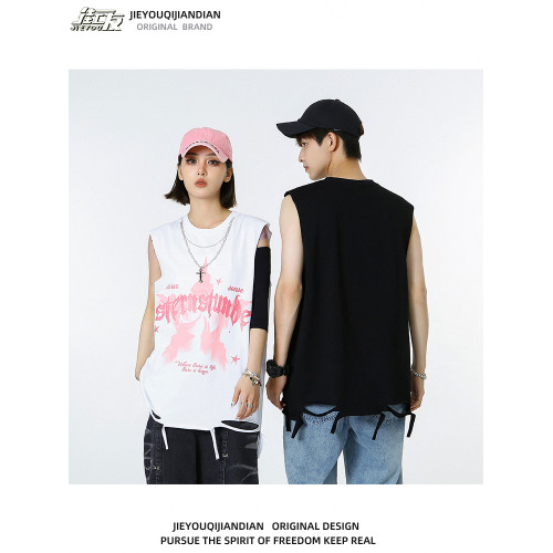 日系復古五角星字母印花無袖t恤男女潮牌嘻哈寬松情侶裝坎肩背心