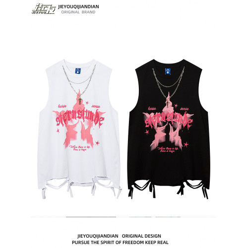 日系復古五角星字母印花無袖t恤男女潮牌嘻哈寬松情侶裝坎肩背心