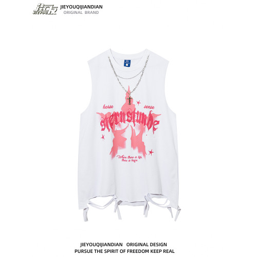 日系復古五角星字母印花無袖t恤男女潮牌嘻哈寬松情侶裝坎肩背心