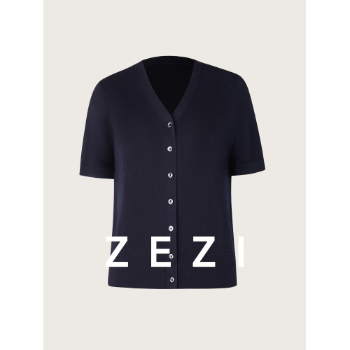 zezi100%桑蠶絲針織衫V領單排釦開衫夏季打底衫短袖時尚氣質通勤