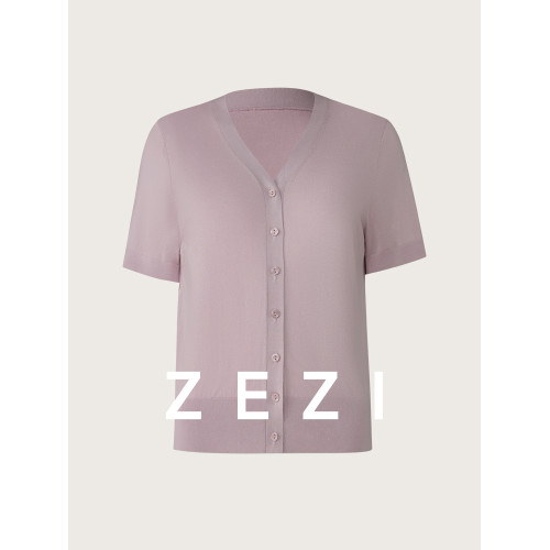 zezi100%桑蠶絲針織衫V領單排釦開衫夏季打底衫短袖時尚氣質通勤