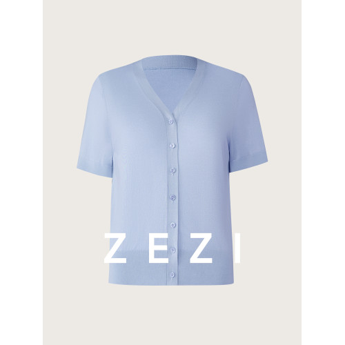 zezi100%桑蠶絲針織衫V領單排釦開衫夏季打底衫短袖時尚氣質通勤