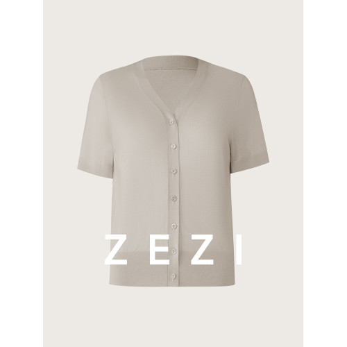 zezi100%桑蠶絲針織衫V領單排釦開衫夏季打底衫短袖時尚氣質通勤