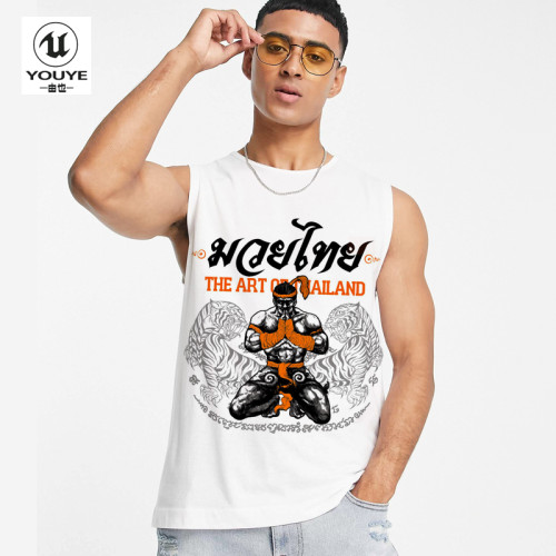 由也 古泰拳印花散打拳擊訓練MMA運動休閒服無袖背心t純棉坎肩