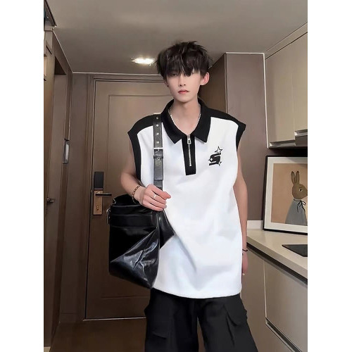 半拉鍊背心男款夏季美式高街痞帥撞色運動坎肩高級感翻領無袖t恤