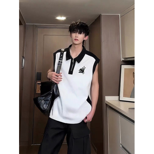 半拉鍊背心男款夏季美式高街痞帥撞色運動坎肩高級感翻領無袖t恤