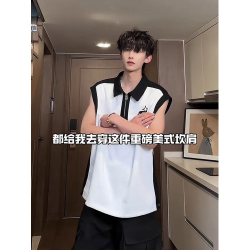 半拉鍊背心男款夏季美式高街痞帥撞色運動坎肩高級感翻領無袖t恤