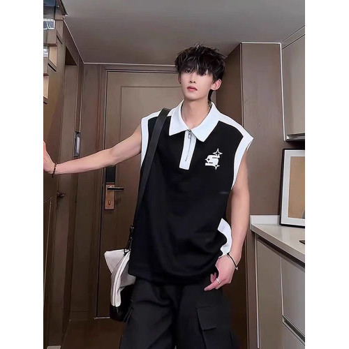 半拉鍊背心男款夏季美式高街痞帥撞色運動坎肩高級感翻領無袖t恤