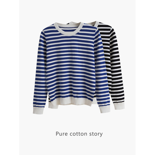 細膩舒適 16針全棉 白藍條紋針織衫女士薄毛衣初秋打底衫寬松上衣