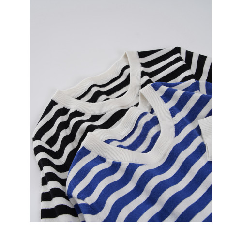 細膩舒適 16針全棉 白藍條紋針織衫女士薄毛衣初秋打底衫寬松上衣