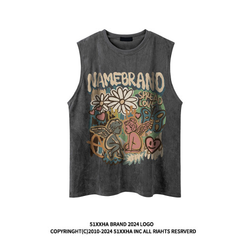 51嘻哈潮牌趣味卡通運動汗背心男美式復古vintage寬松情侶無袖T恤