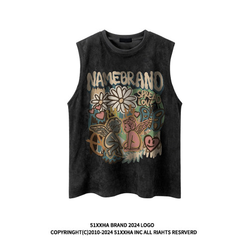 51嘻哈潮牌趣味卡通運動汗背心男美式復古vintage寬松情侶無袖T恤