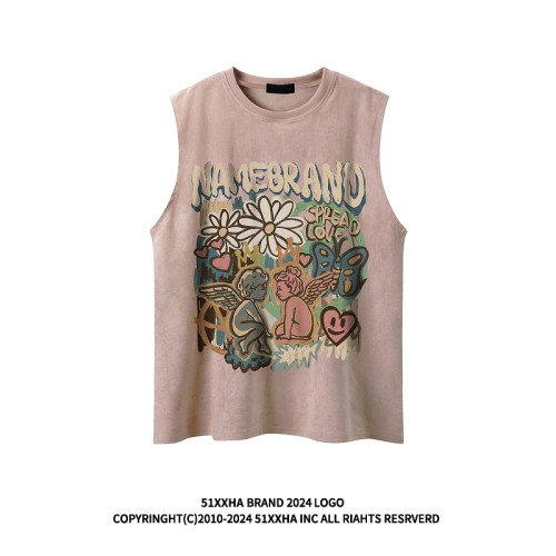 51嘻哈潮牌趣味卡通運動汗背心男美式復古vintage寬松情侶無袖T恤