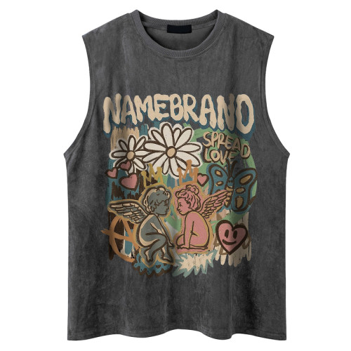 51嘻哈潮牌趣味卡通運動汗背心男美式復古vintage寬松情侶無袖T恤