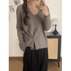 VK100%全羊毛V領針織開衫女修身打底衫秋季長袖坑條顯瘦上衣M9882