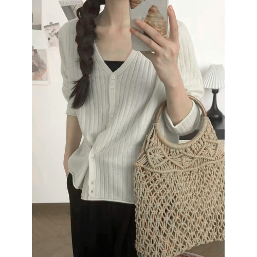 VK100%全羊毛V領針織開衫女修身打底衫秋季長袖坑條顯瘦上衣M9882