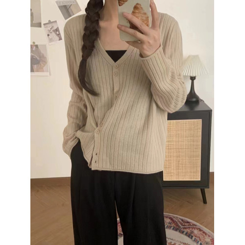 VK100%全羊毛V領針織開衫女修身打底衫秋季長袖坑條顯瘦上衣M9882