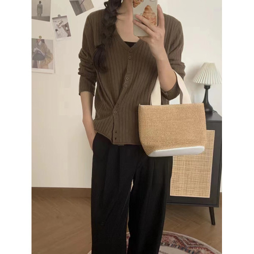 VK100%全羊毛V領針織開衫女修身打底衫秋季長袖坑條顯瘦上衣M9882