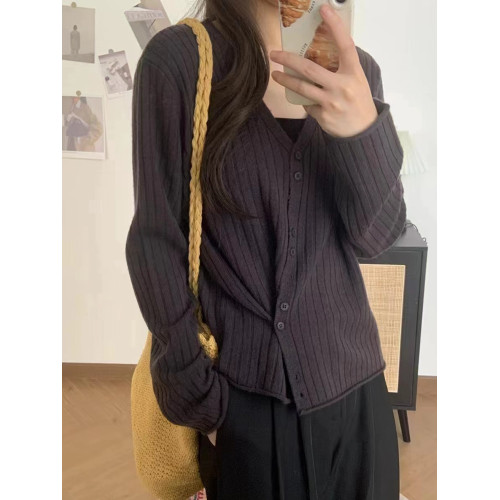 VK100%全羊毛V領針織開衫女修身打底衫秋季長袖坑條顯瘦上衣M9882