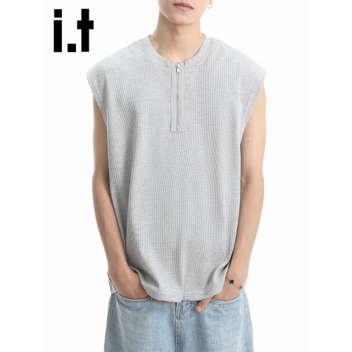 it :5cm/FIVECM美式灰色半拉鍊針織背心男款2025夏季薄款圓領上衣