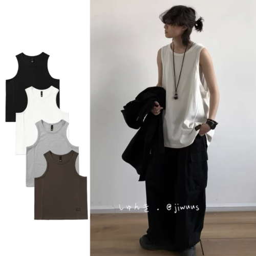 夏季日系復古基礎款背心男女寬松純色中性學院風百搭無袖打底汗衫