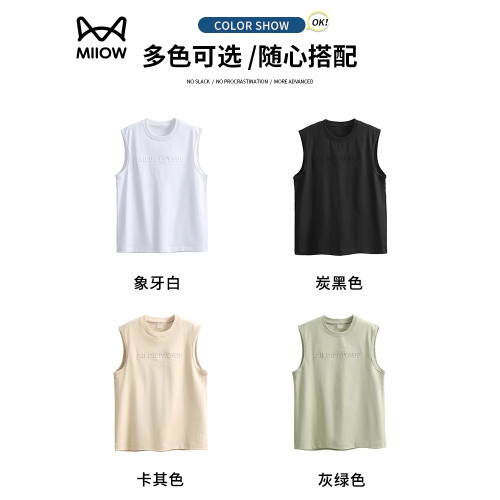 貓人無袖t恤男日系簡約寬肩砍袖夏季寬松純棉運動背心2025新款