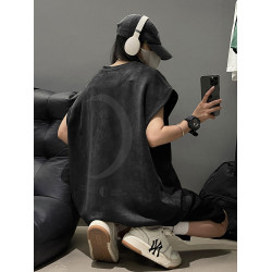 月亮燒花粉色麂皮絨背心男女夏季美式高街運動坎肩情侶無袖t恤