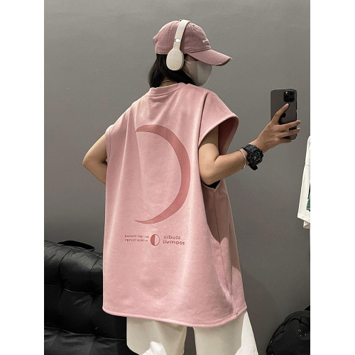 月亮燒花粉色麂皮絨背心男女夏季美式高街運動坎肩情侶無袖t恤