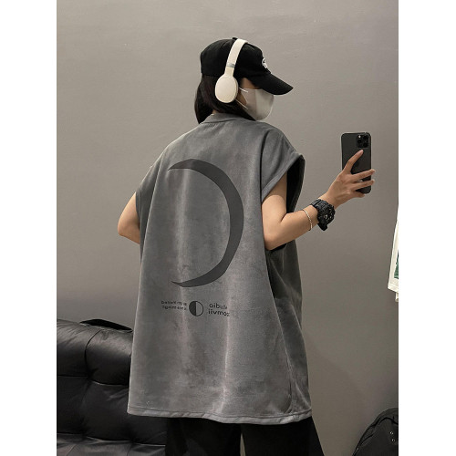 月亮燒花粉色麂皮絨背心男女夏季美式高街運動坎肩情侶無袖t恤