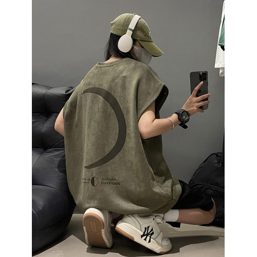 月亮燒花粉色麂皮絨背心男女夏季美式高街運動坎肩情侶無袖t恤