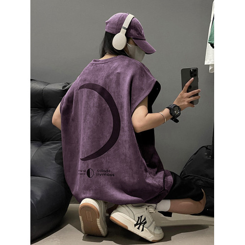 月亮燒花粉色麂皮絨背心男女夏季美式高街運動坎肩情侶無袖t恤