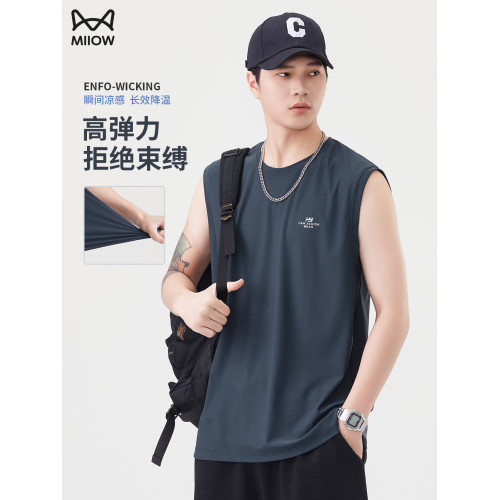貓人薄款透氣背心男士2025夏季寬松休閒圓領運動健身無袖t恤男款