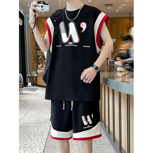 青少年無袖t恤男夏季運動套裝高中初中學生冰絲背心帥氣大童夏裝